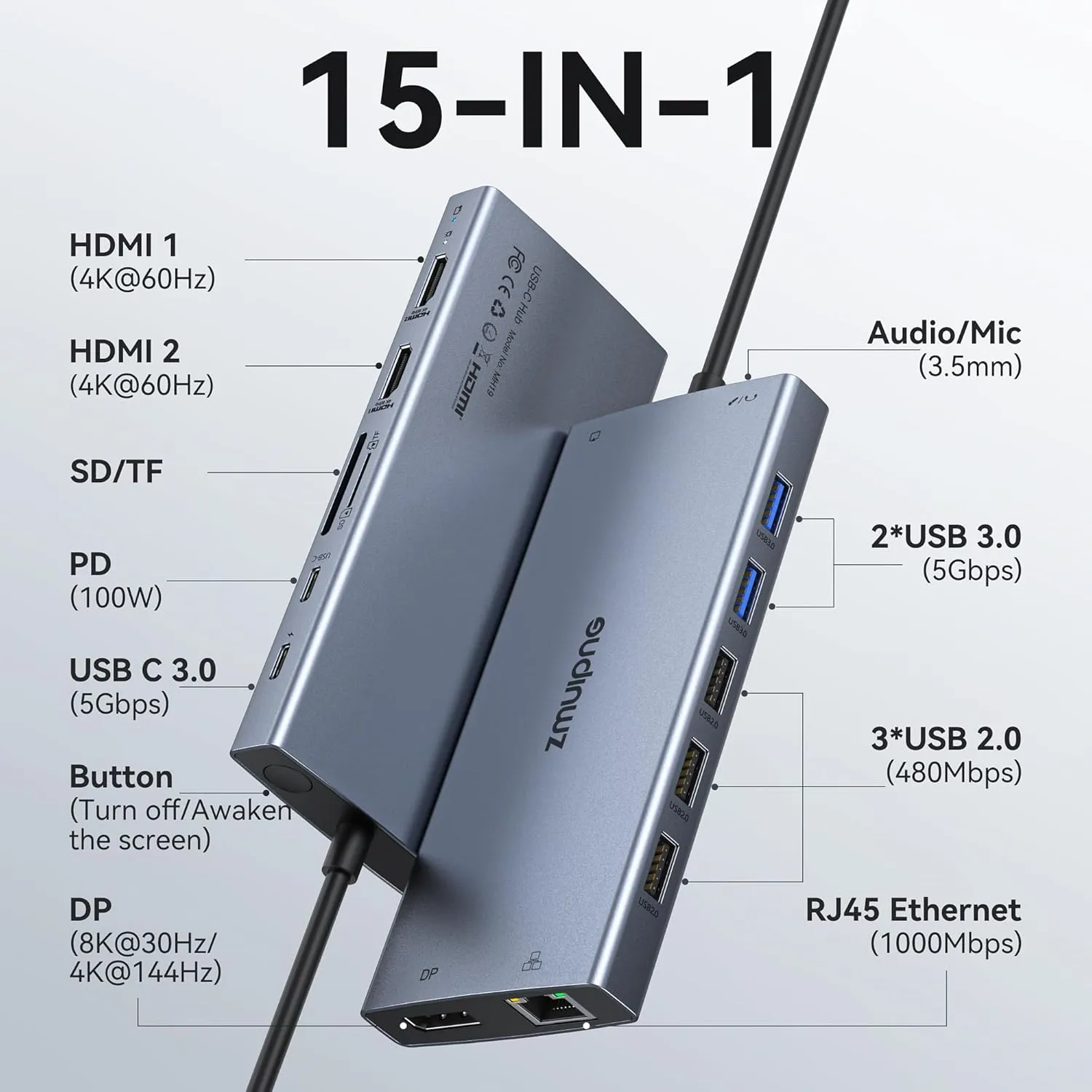 USB C Laptop Docking Station with 2 HDMI 4K@60Hz DP 8K@30Hz for Dell HP Thinkpad Surface, 15 in 1 USB C Hub Triple Display Multiple Adapter, Dongle with USB A Port Button PD Ethernet SD/TF Audio