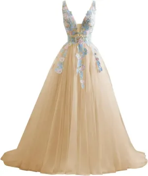 V Neck Tulle Prom Dresses 2025 Floral Embroidery Applique Ball Gown Quinceanera Dresses