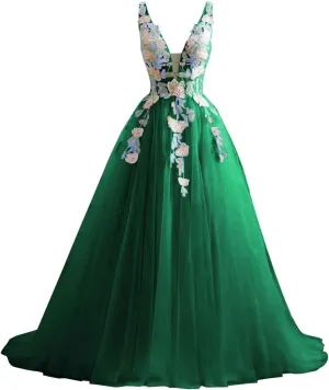 V Neck Tulle Prom Dresses 2025 Floral Embroidery Applique Ball Gown Quinceanera Dresses