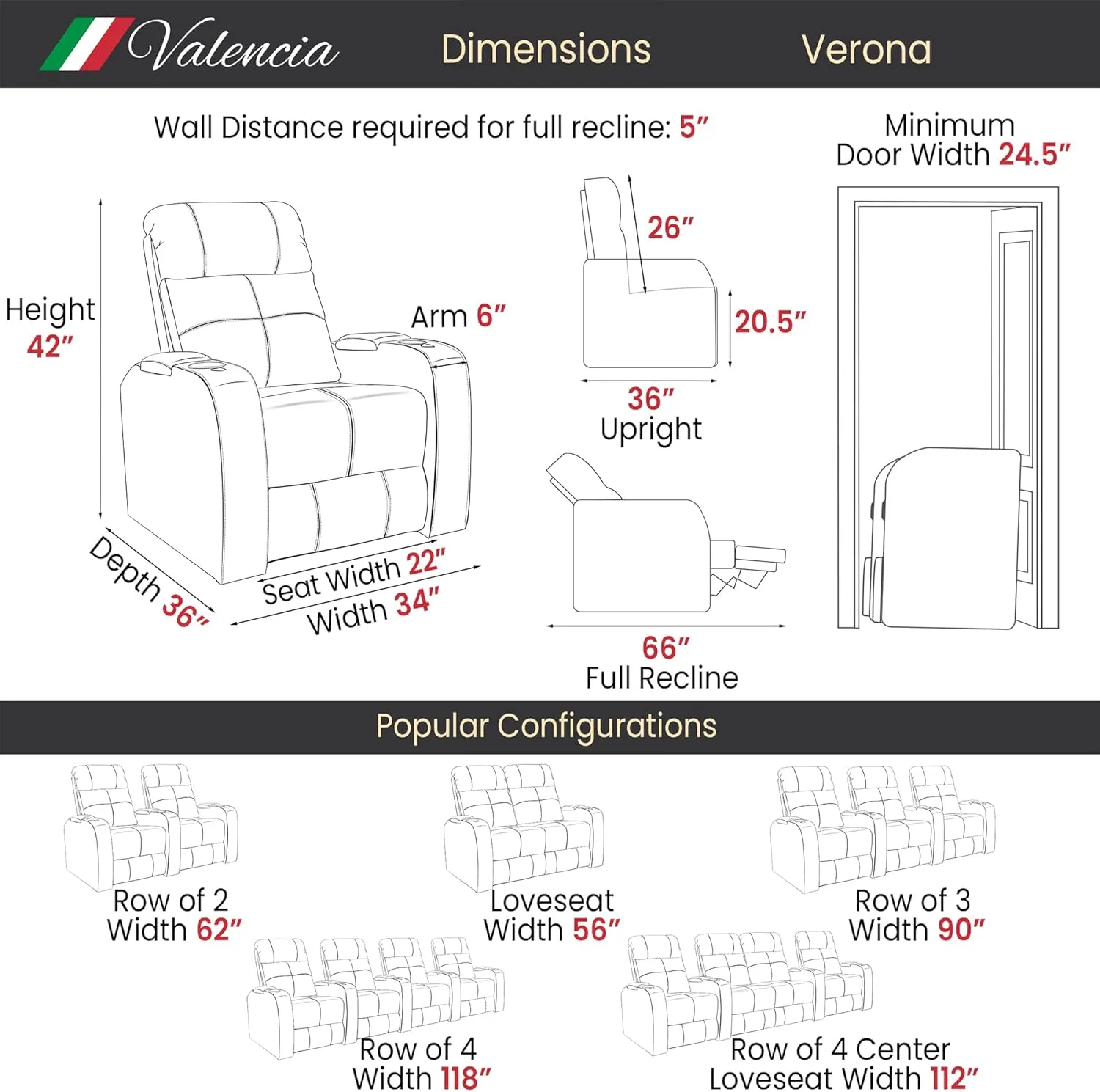Valencia Verona Home Theater Seating | Premium Top Grain Italian 9000 Leather, Power Recliner, LED Lighting (Row of 2 Loveseat, Black)