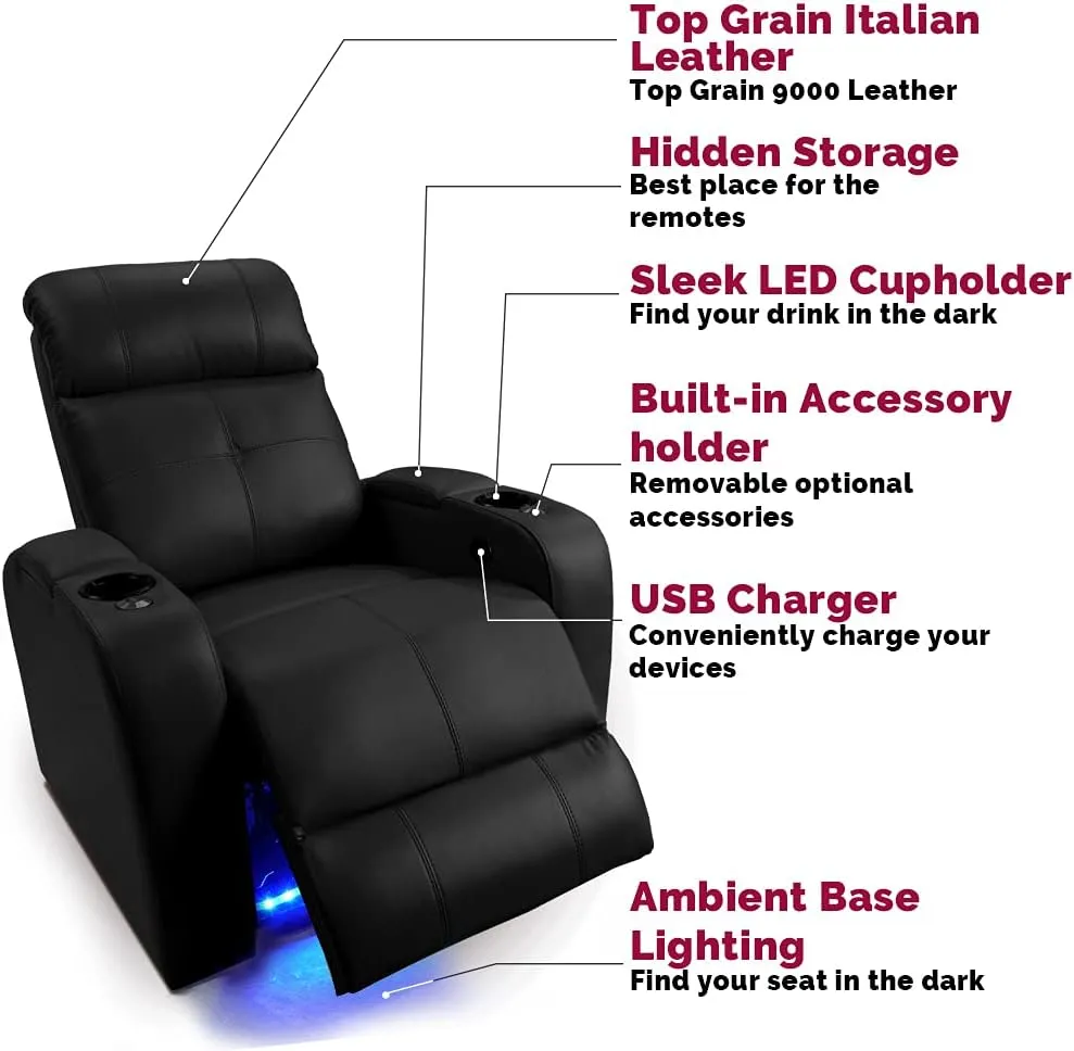 Valencia Verona Home Theater Seating | Premium Top Grain Italian 9000 Leather, Power Recliner, LED Lighting (Row of 2 Loveseat, Black)