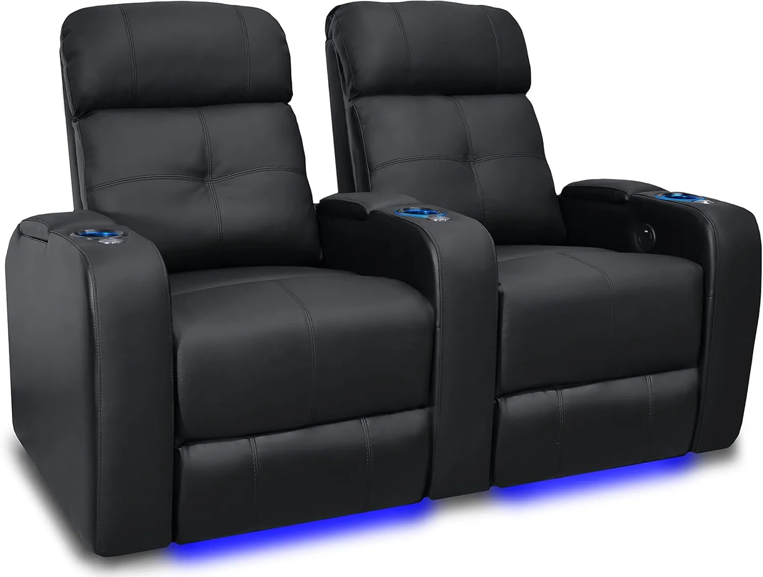 Valencia Verona Home Theater Seating | Premium Top Grain Italian 9000 Leather, Power Recliner, Power Headrest, LED Lighting (Row of 2, Black)