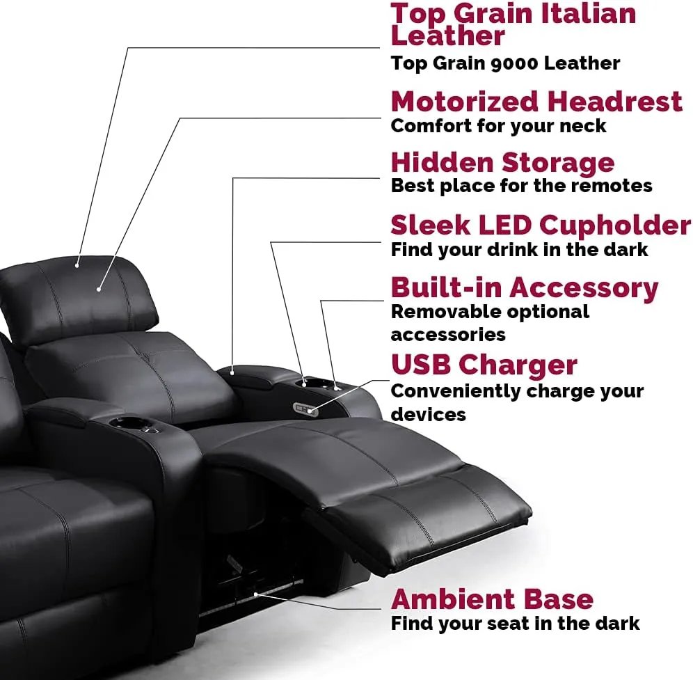 Valencia Verona Home Theater Seating | Premium Top Grain Italian 9000 Leather, Power Recliner, Power Headrest, LED Lighting (Row of 2, Black)