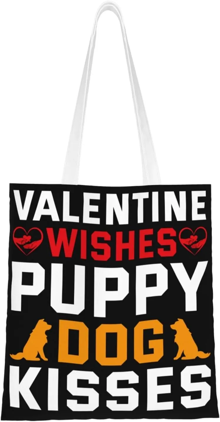 Valentine Wishes Puppy Dog Kisses Tote Bag for Women Canvas Shopping Bags Reusable Large Capacity Casual Shoulder Handbags Grocery Bags DIY Gift Bags
