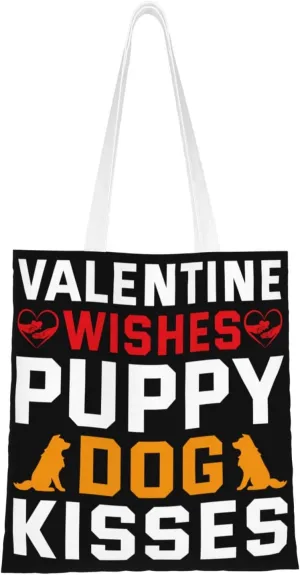 Valentine Wishes Puppy Dog Kisses Tote Bag for Women Canvas Shopping Bags Reusable Large Capacity Casual Shoulder Handbags Grocery Bags DIY Gift Bags
