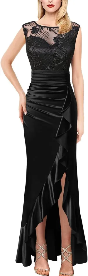 VFSHOW Womens Prom Illusion Sweetheart Formal Maxi Dress Cocktail Patchwork Ruched Ruffle High Split Evening Long Gown