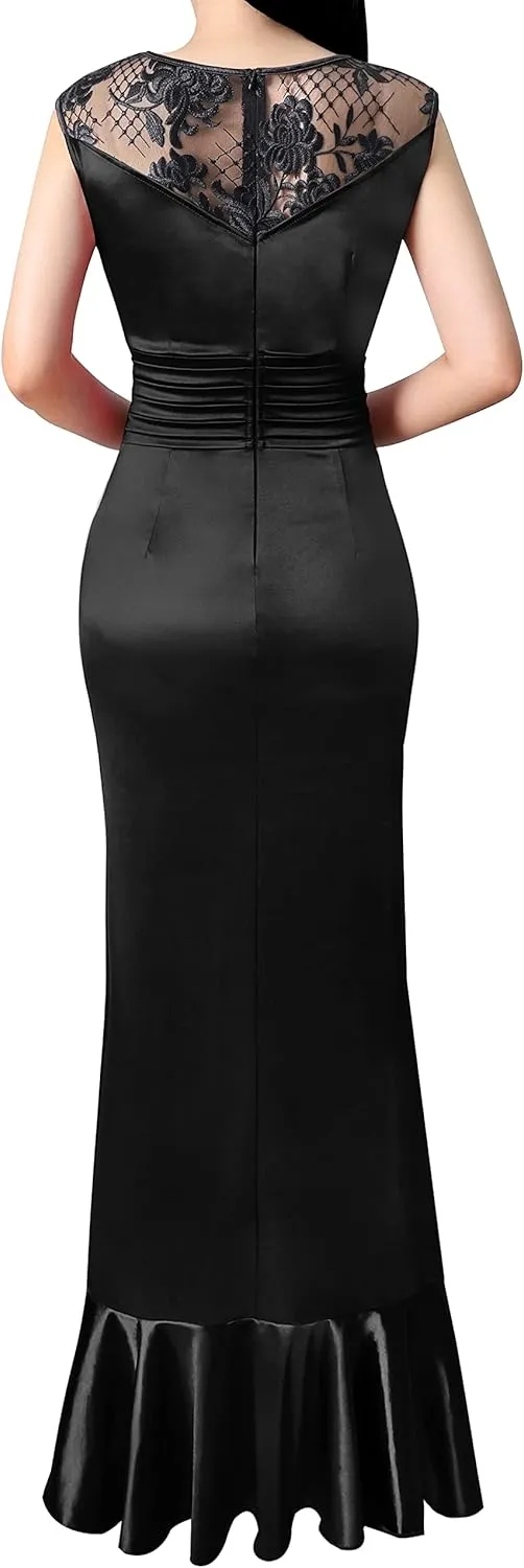 VFSHOW Womens Prom Illusion Sweetheart Formal Maxi Dress Cocktail Patchwork Ruched Ruffle High Split Evening Long Gown