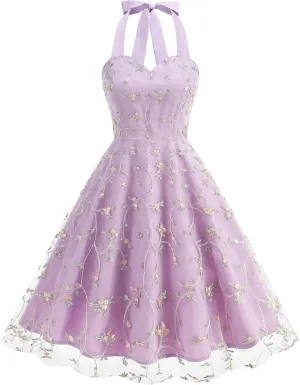 Vintage Dress for Women 1950s Cottagecore Cocktail Dresses Halter V Neck Mesh Floral Embroidered Swing Party Dress