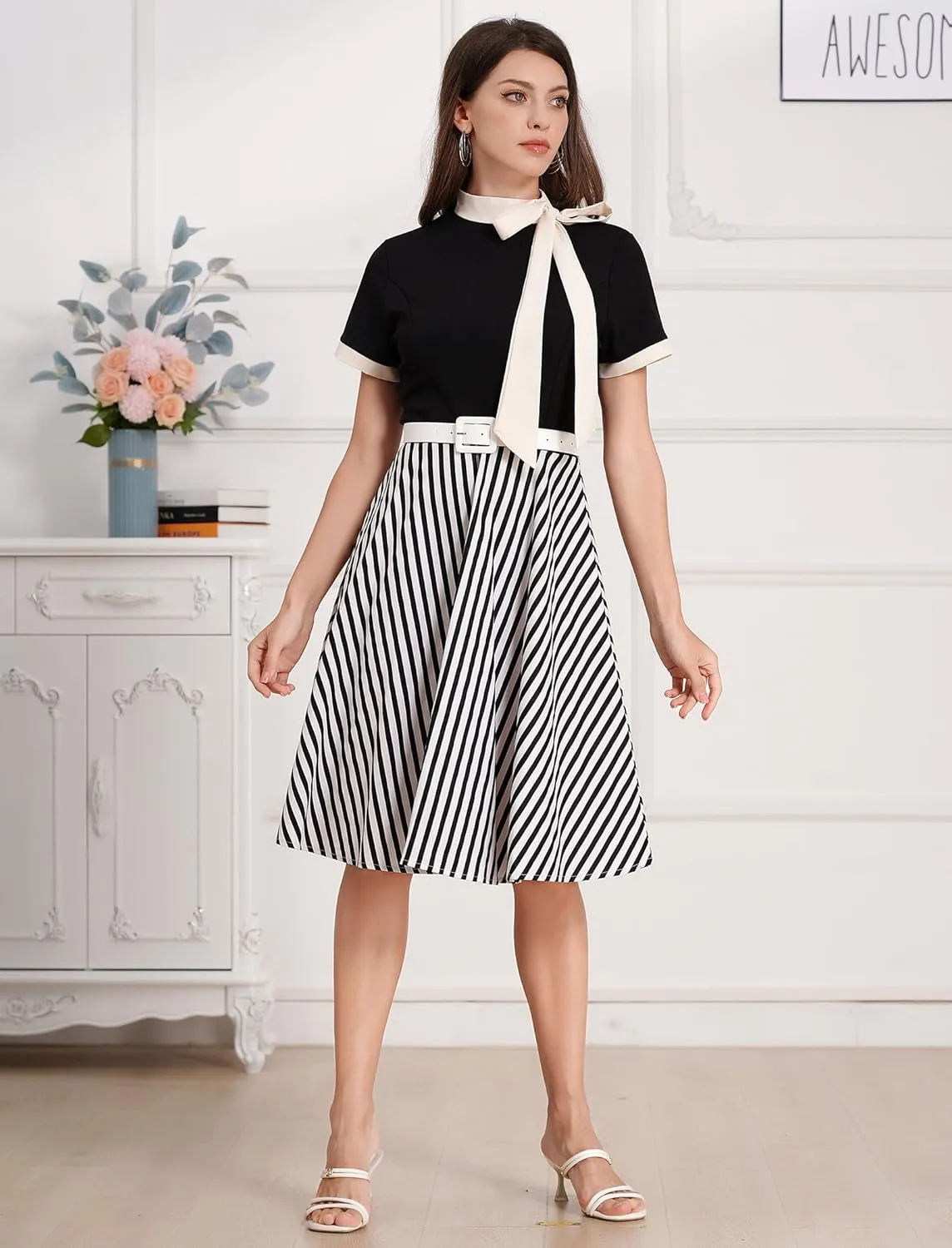 Vintage Dress for Women 1950s Short Sleeve Cocktail Party Dresses with Belt Neck Tie Church Casual Swing Midi Dress