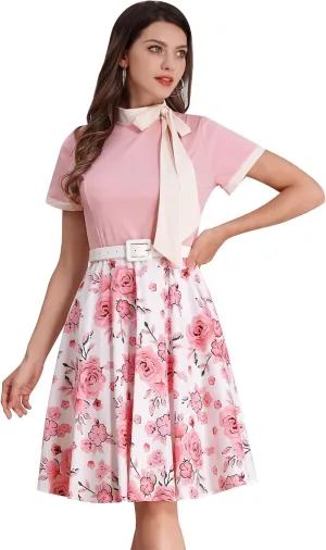 Vintage Dress for Women 1950s Short Sleeve Cocktail Party Dresses with Belt Neck Tie Church Casual Swing Midi Dress