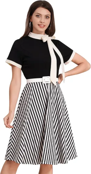 Vintage Dress for Women 1950s Short Sleeve Cocktail Party Dresses with Belt Neck Tie Church Casual Swing Midi Dress