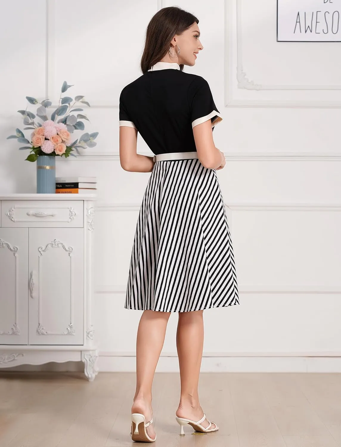 Vintage Dress for Women 1950s Short Sleeve Cocktail Party Dresses with Belt Neck Tie Church Casual Swing Midi Dress