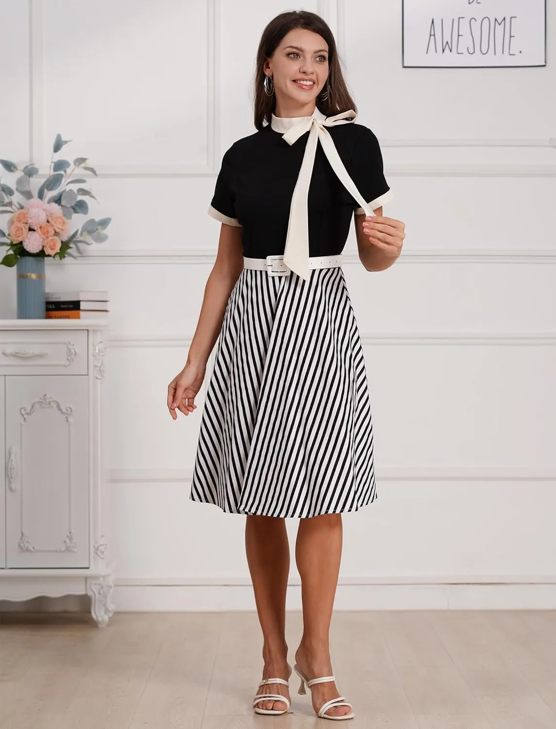 Vintage Dress for Women 1950s Short Sleeve Cocktail Party Dresses with Belt Neck Tie Church Casual Swing Midi Dress