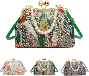 Vintage Embroidered Flower Handbag, Pearl Crossbody Bag With Kiss Lock, Flower Embroidery Rustic Shoulder Bag for Women