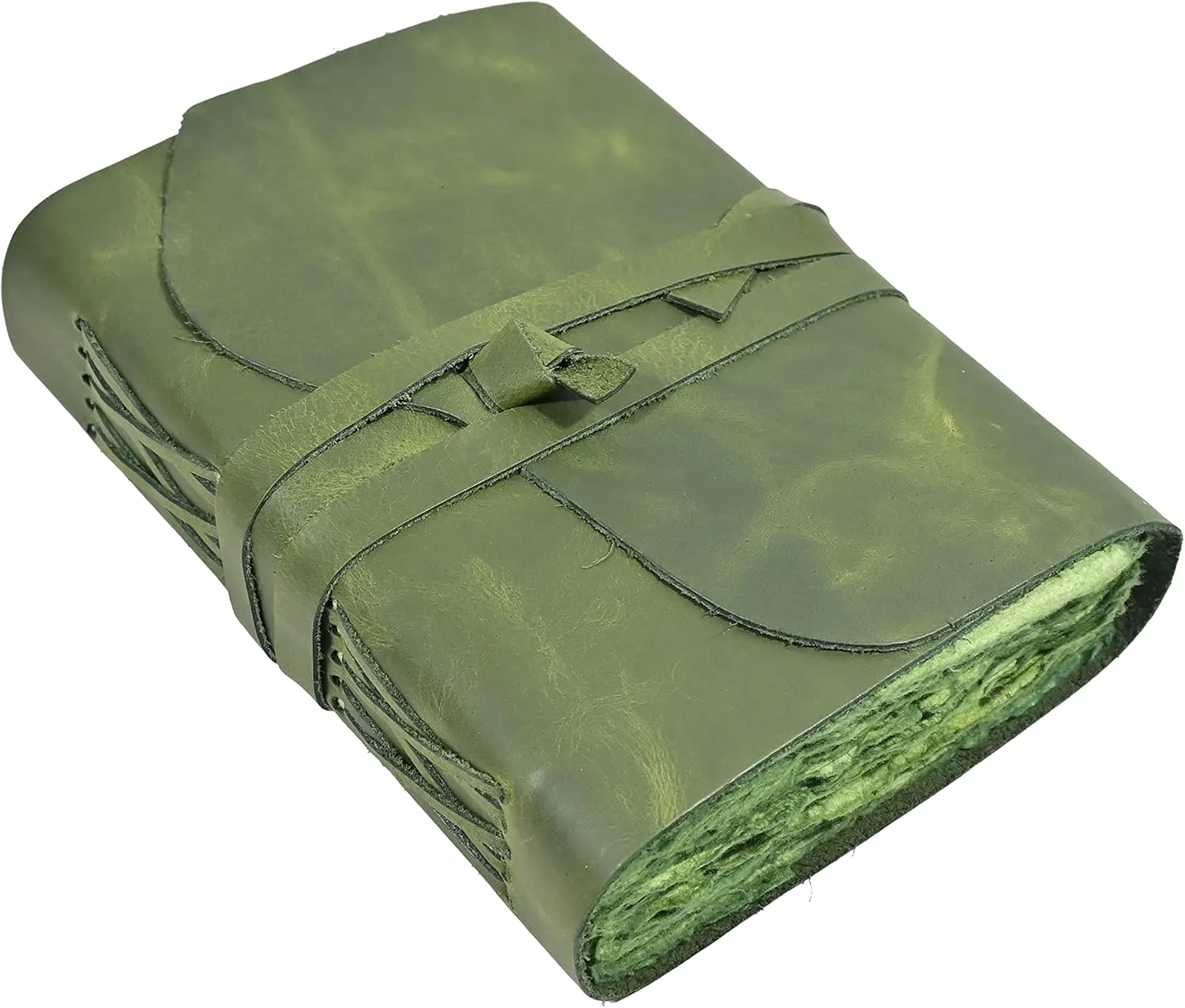 Vintage Green Leather Journal - 200 Pages Deckle Edge Rustic Paper, Unlined Pages Book of Shadows, Grimoire, Junk Notebook, Fantasy Medieval Gifts, Sketchbook, Scrapbook (Earthy Green, 12"x9")
