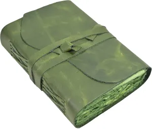 Vintage Green Leather Journal - 200 Pages Deckle Edge Rustic Paper, Unlined Pages Book of Shadows, Grimoire, Junk Notebook, Fantasy Medieval Gifts, Sketchbook, Scrapbook (Earthy Green, 12"x9")