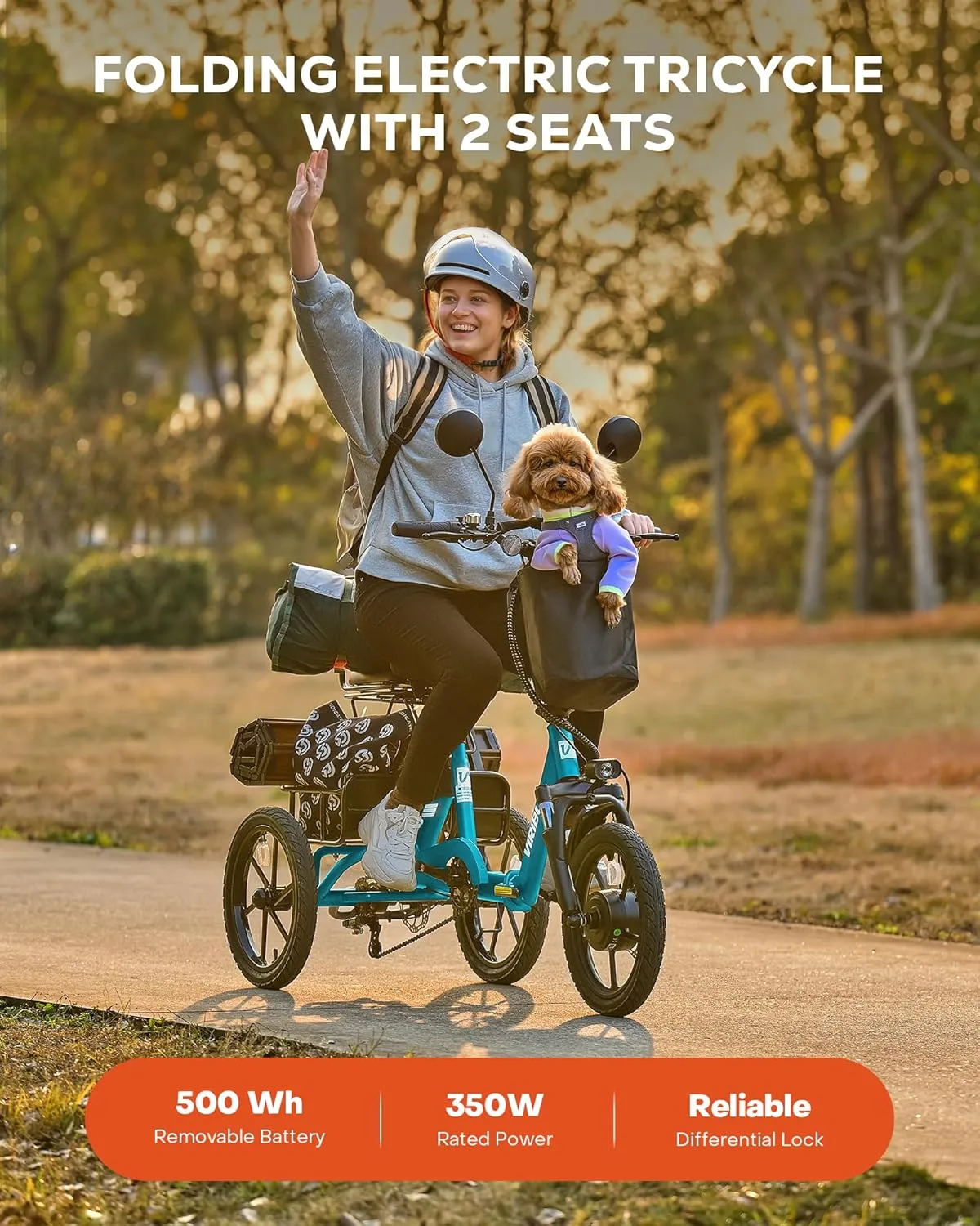 Viribus Folding Electric Trike, 16 inch Electric Tricycle for Adults Foldable with 2 Seats, 350W Motor, 48V 10.4Ah Battery, Differential, Collapsible 3 Wheel E Bikes for Seniors Women Adults