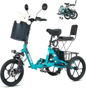 Viribus Folding Electric Trike, 16 inch Electric Tricycle for Adults Foldable with 2 Seats, 350W Motor, 48V 10.4Ah Battery, Differential, Collapsible 3 Wheel E Bikes for Seniors Women Adults