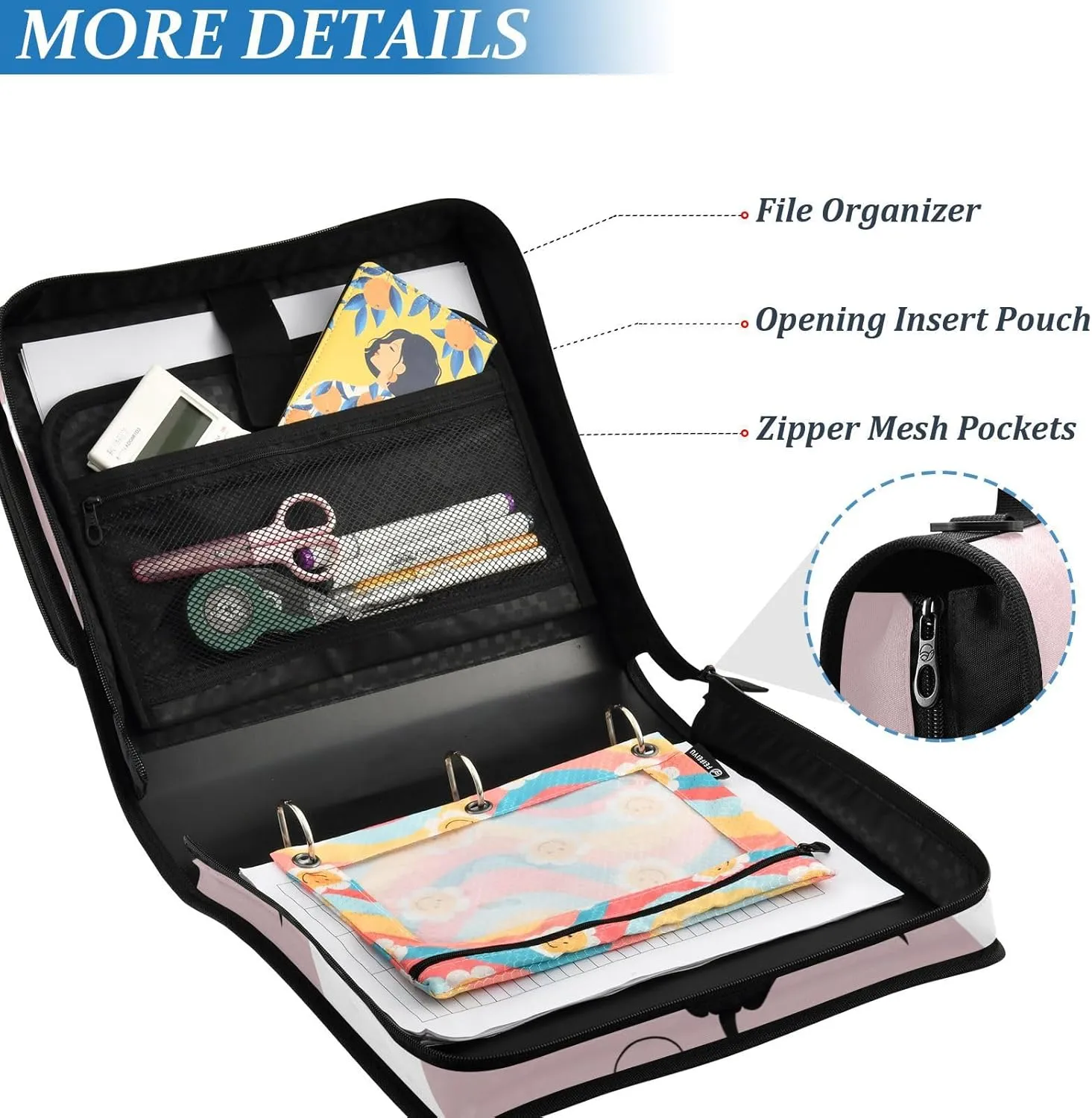 VKPSCHJ Zippered Binder Bag with Multi-Pocket,Waterproof 1.5 Inch 3 Ring Binder,Manta Stingray Fish Expanding File Folder with Shoulder Strap and Handle File Organizer for Office Travel