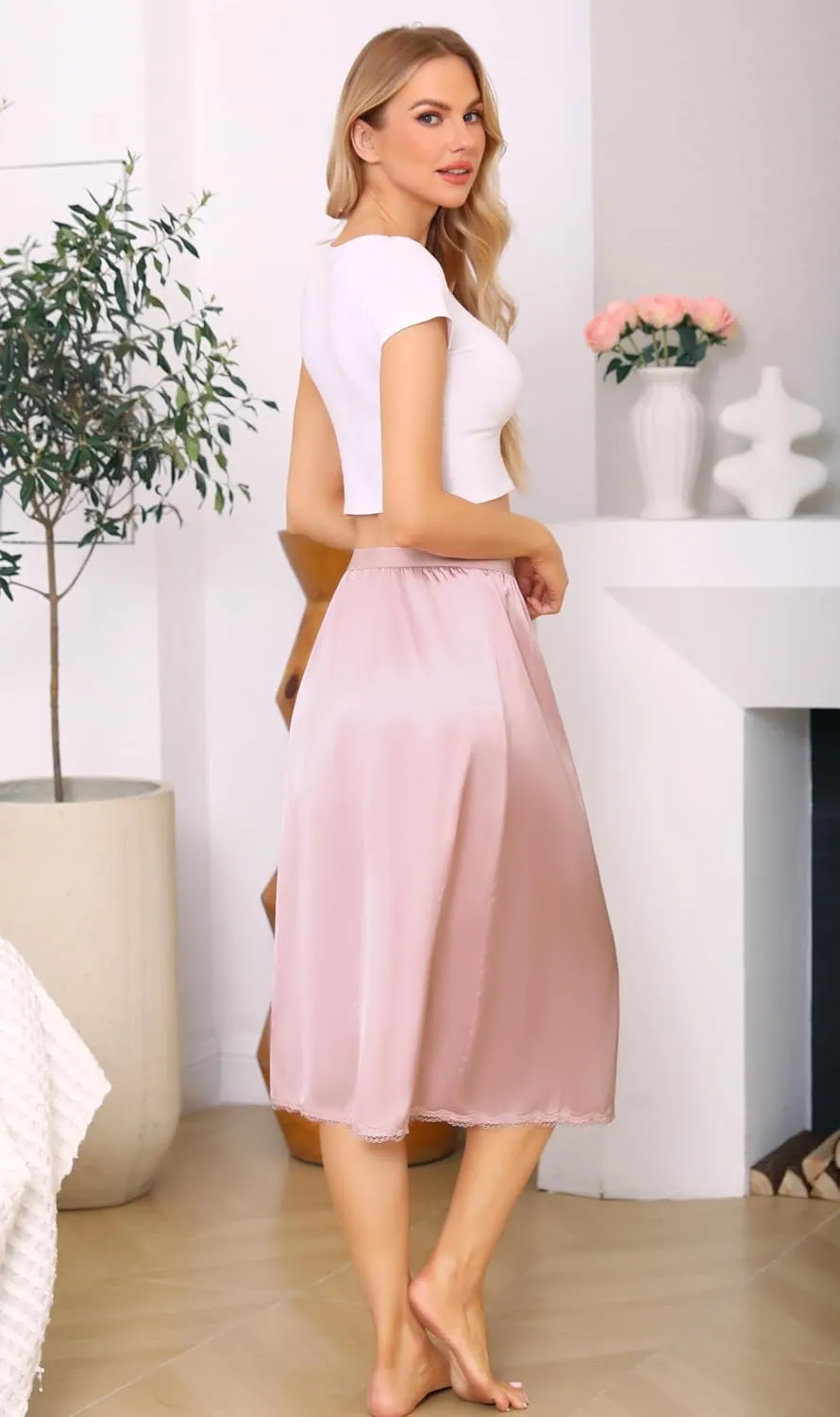 Vlazom Women's Satin Half Slip for Under Dress Long Underskirt Soft Under Slips for Women Under Dresses Size S-XXL