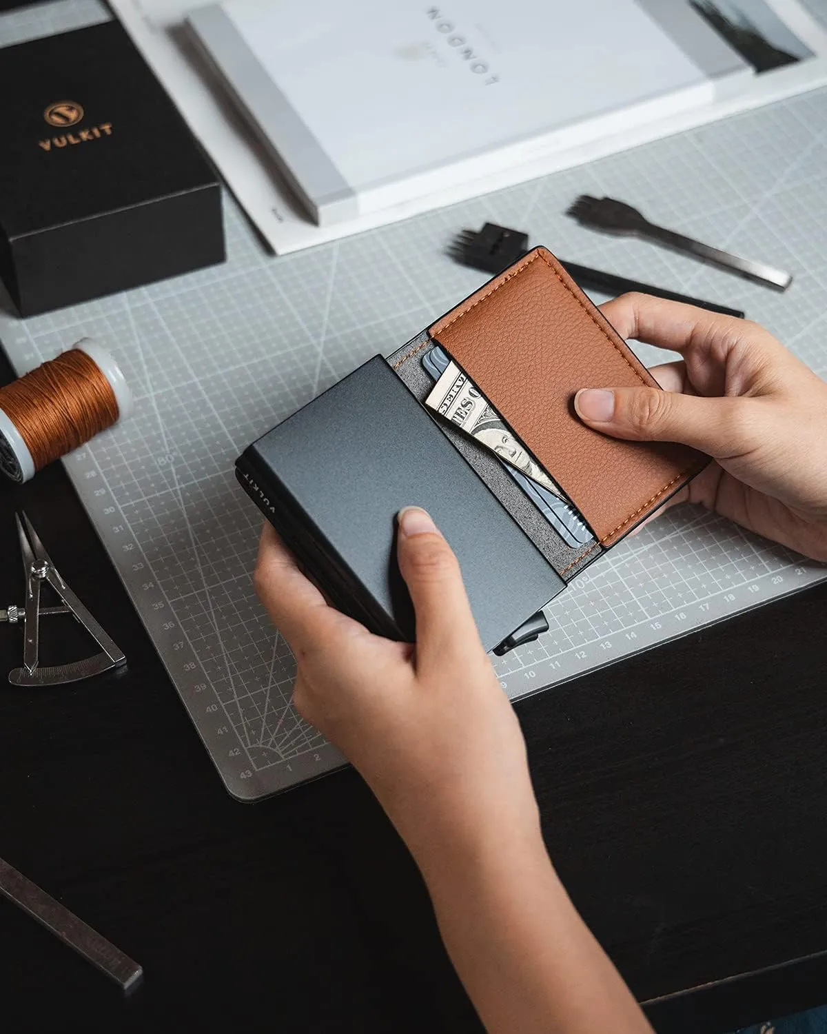 VULKIT Pop Up Wallet Automatic Leather Slim Credit Card Holder RFID Blocking Metal Double Card Case for Men and Women Brown