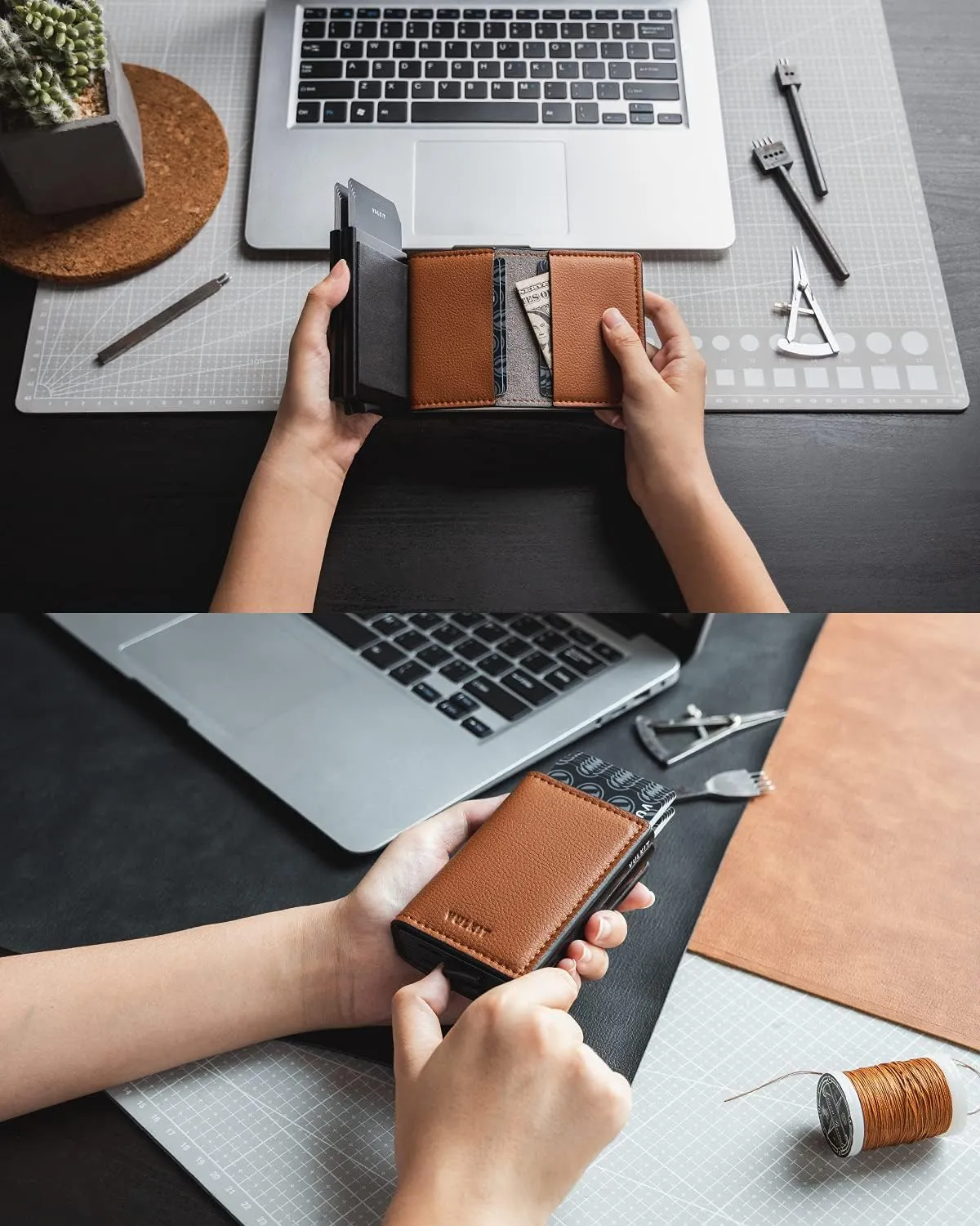 VULKIT Pop Up Wallet Automatic Leather Slim Credit Card Holder RFID Blocking Metal Double Card Case for Men and Women Brown