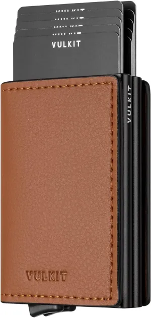 VULKIT Pop Up Wallet Automatic Leather Slim Credit Card Holder RFID Blocking Metal Double Card Case for Men and Women Brown