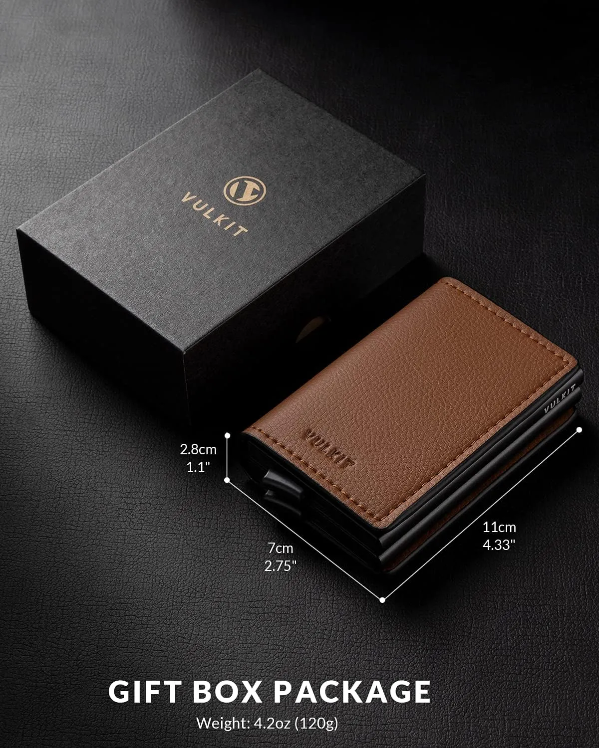 VULKIT Pop Up Wallet Automatic Leather Slim Credit Card Holder RFID Blocking Metal Double Card Case for Men and Women Brown