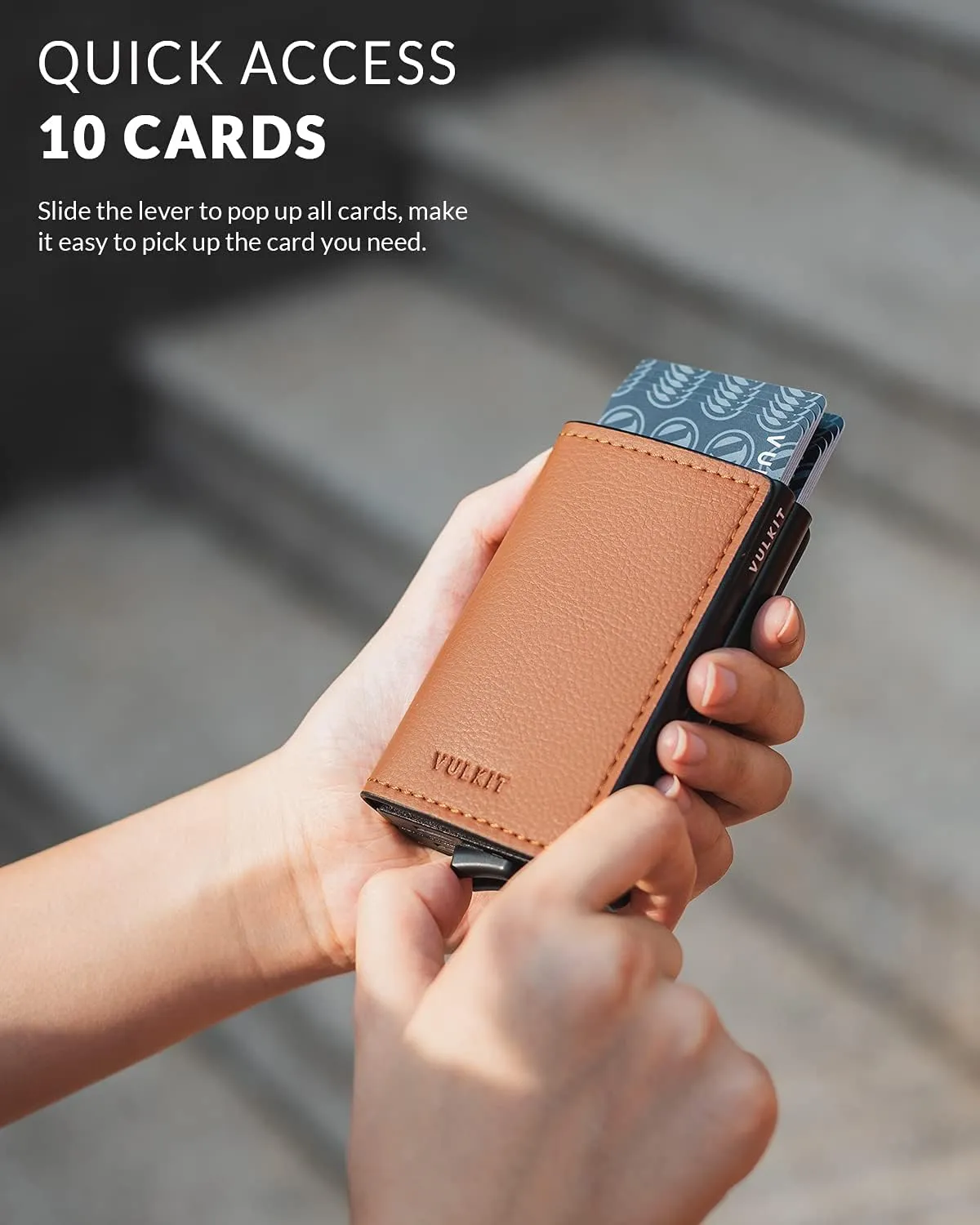 VULKIT Pop Up Wallet Automatic Leather Slim Credit Card Holder RFID Blocking Metal Double Card Case for Men and Women Brown