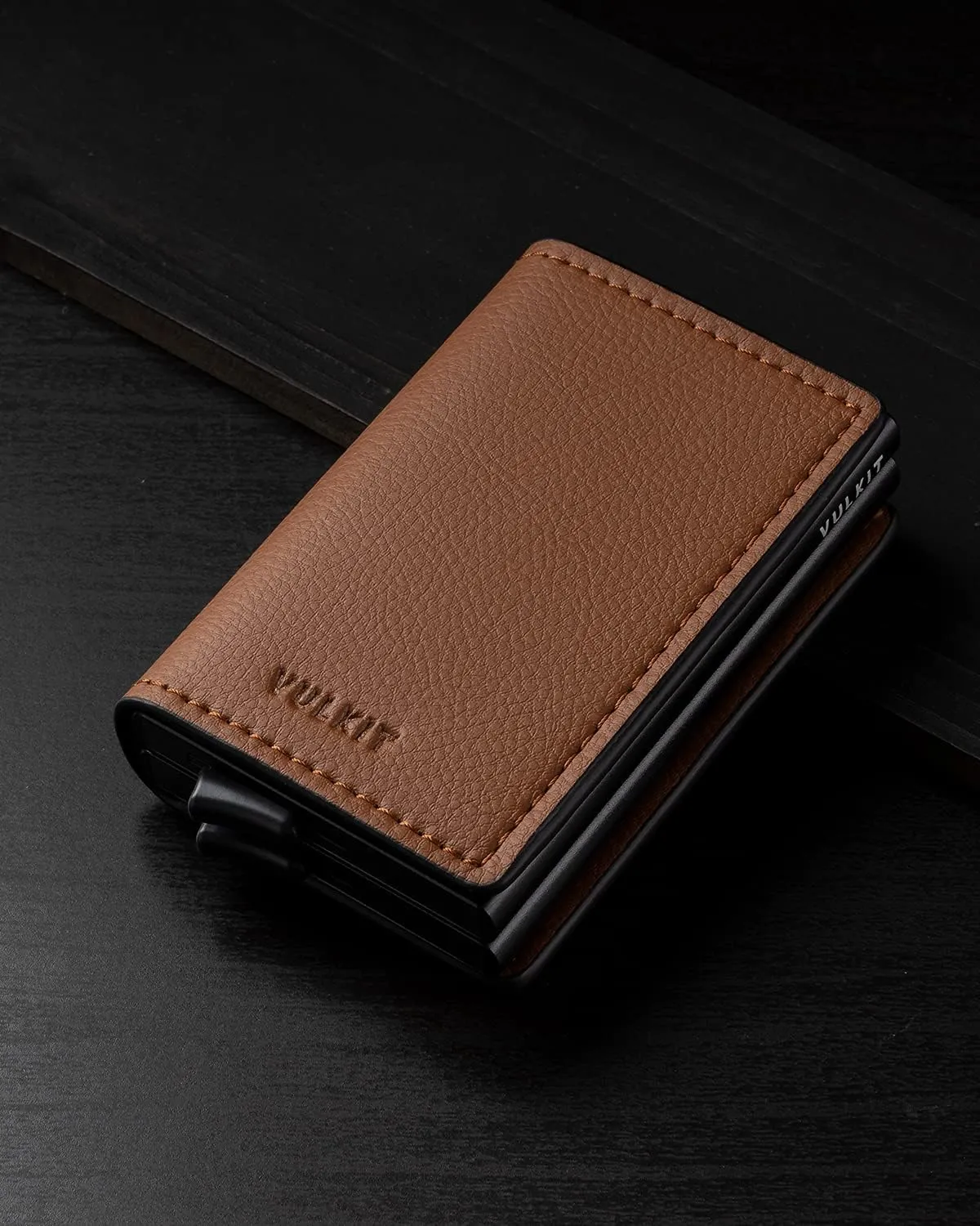 VULKIT Pop Up Wallet Automatic Leather Slim Credit Card Holder RFID Blocking Metal Double Card Case for Men and Women Brown