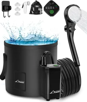 WADEO Portable Shower for Camping, Outdoor Electric Shower Rechargeable Pump with 20L Collapsible Bucket, Camping Shower Head Nozzle for Camping, Hiking, Traveling, Washing