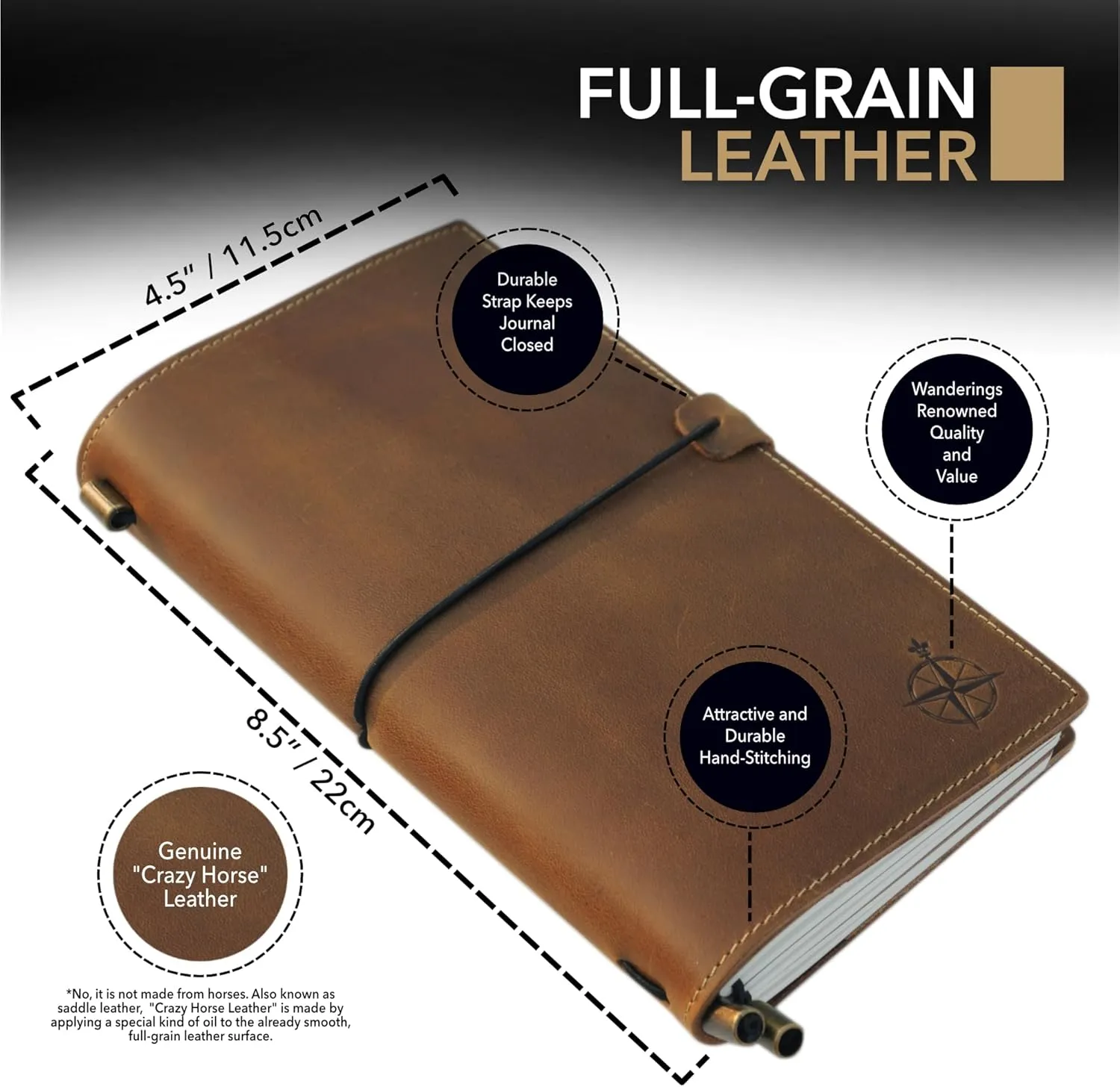 Wanderings Regular Size Travelers Notebook with Pockets - 4.5"x8.5" / 11.5cm x 22cm - Refillable Travelers Journal - Beautifully Handcrafted, Rugged Leather Journal, includes 100 GSM Blank Inserts