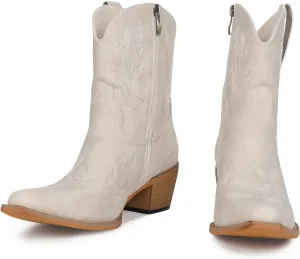 Western Cowgirl Ankle Boot for Women with Embroidered Comfort Fashion Short Boots Pointed Toe Cowgirl Short Booties Side Zipper