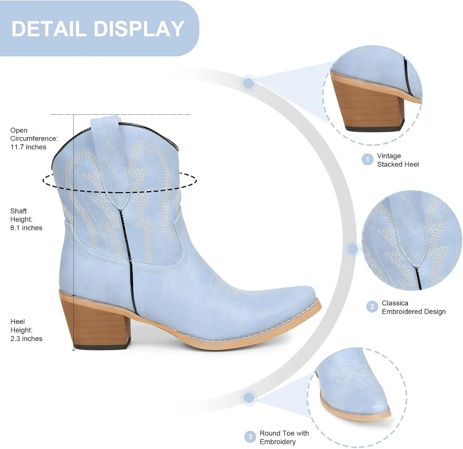 Western Cowgirl Ankle Boot for Women with Embroidered Comfort Fashion Short Boots Pointed Toe Cowgirl Short Booties Side Zipper