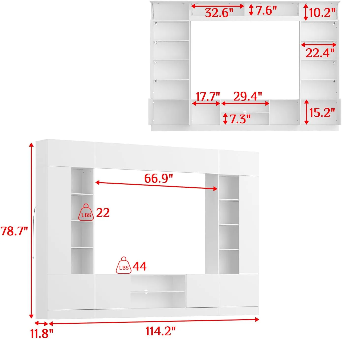 White 114" Large Wall Unit Entertainment Center with Bookshelves, Lights and 18 Shelves, Modern 4-Piece TV Stand Media Console Table with Bridge Cabinet for Living Room & Home Theater