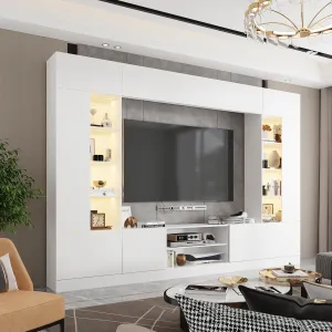 White 114" Large Wall Unit Entertainment Center with Bookshelves, Lights and 18 Shelves, Modern 4-Piece TV Stand Media Console Table with Bridge Cabinet for Living Room & Home Theater