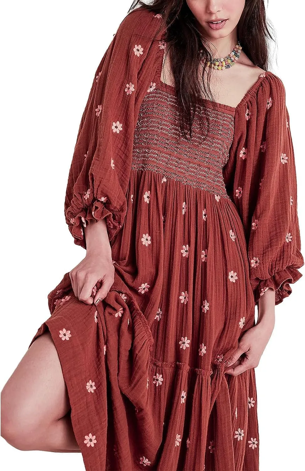 Willow Dance Women Casual Bohemian Floral Dress Square Neck Ruffle Swing A Line Long Sleeve Beach Maxi Dress with Pockets