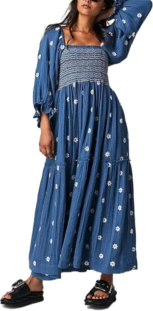 Willow Dance Women Casual Bohemian Floral Dress Square Neck Ruffle Swing A Line Long Sleeve Beach Maxi Dress with Pockets