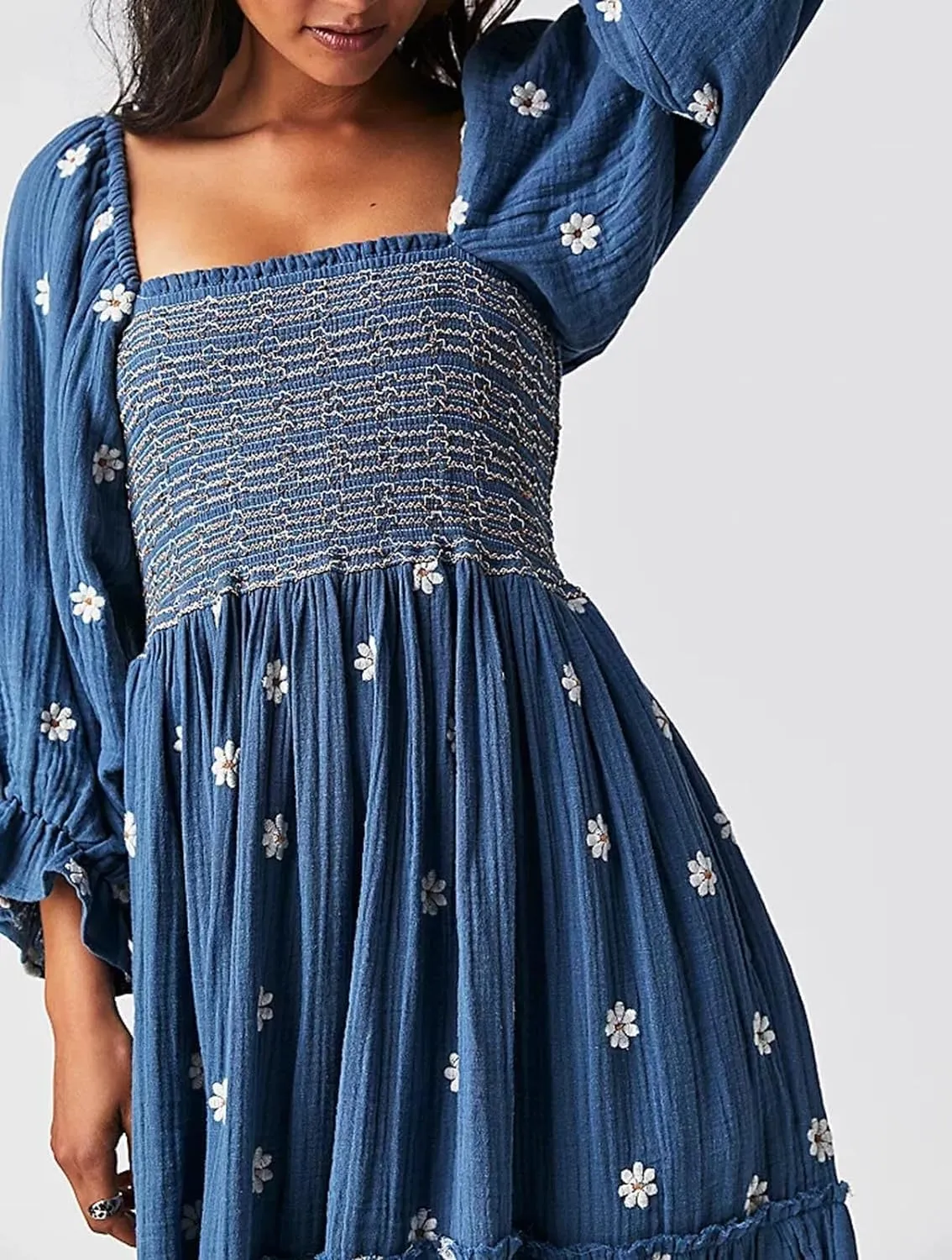 Willow Dance Women Casual Bohemian Floral Dress Square Neck Ruffle Swing A Line Long Sleeve Beach Maxi Dress with Pockets