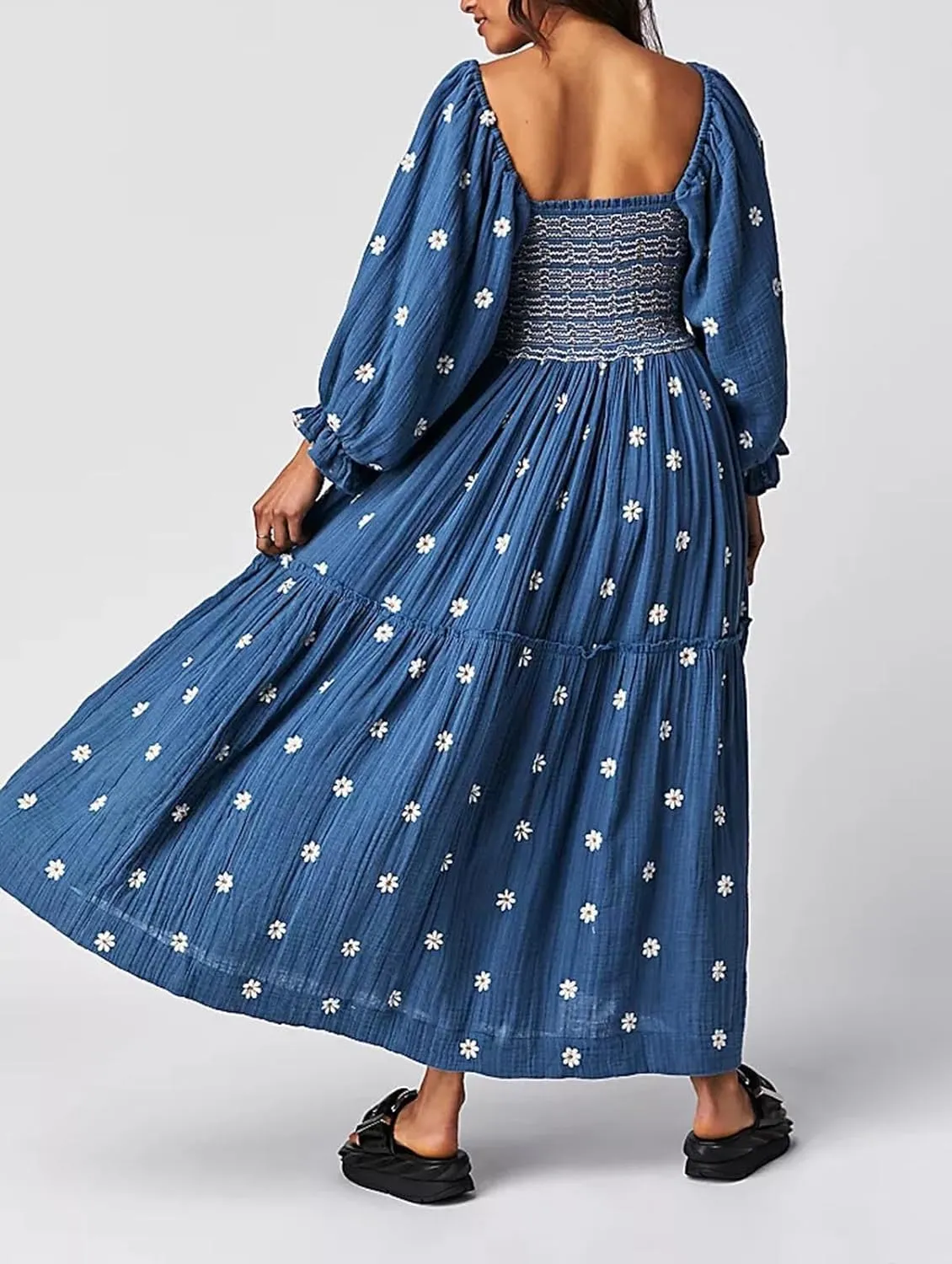 Willow Dance Women Casual Bohemian Floral Dress Square Neck Ruffle Swing A Line Long Sleeve Beach Maxi Dress with Pockets