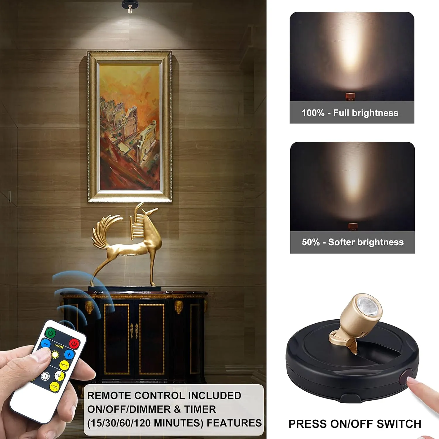 Wireless LED Spotlight, Battery Powered Picture Lights, Uplighting Indoor, Puck Lights with Remote, Stick Spot Light for Wall Art Display Dartboard Painting Artwork Accent Closet-Gold