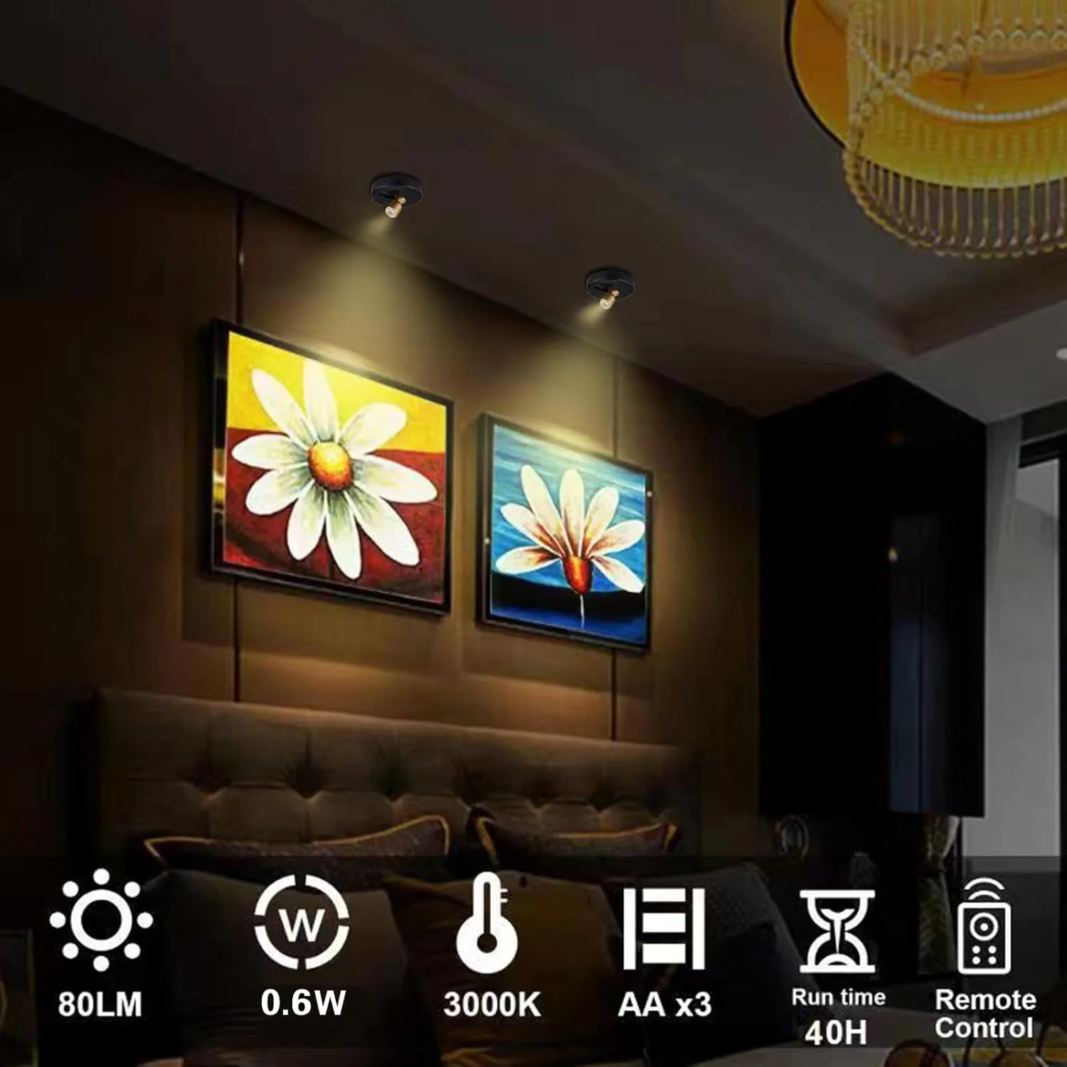 Wireless LED Spotlight, Battery Powered Picture Lights, Uplighting Indoor, Puck Lights with Remote, Stick Spot Light for Wall Art Display Dartboard Painting Artwork Accent Closet-Gold