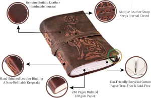 Wolf Leather Journal Embossed Bound - Writing Notebook Handmade Daily Notepads for Men & Women Blank Paper Best Gift for Art Sketchbook & Notebook 7x5 Inches (Handmade Paper)