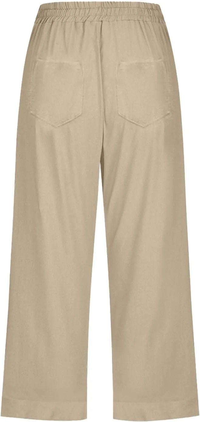 Women 3/4 Length Cotton Linen Pants Trendy Hiking Jogger Athletic Sweatpants High Waisted Straight Leg Casual Trouser
