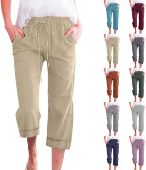 Women 3/4 Length Cotton Linen Pants Trendy Hiking Jogger Athletic Sweatpants High Waisted Straight Leg Casual Trouser