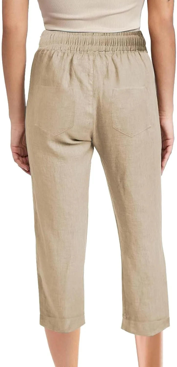 Women 3/4 Length Cotton Linen Pants Trendy Hiking Jogger Athletic Sweatpants High Waisted Straight Leg Casual Trouser