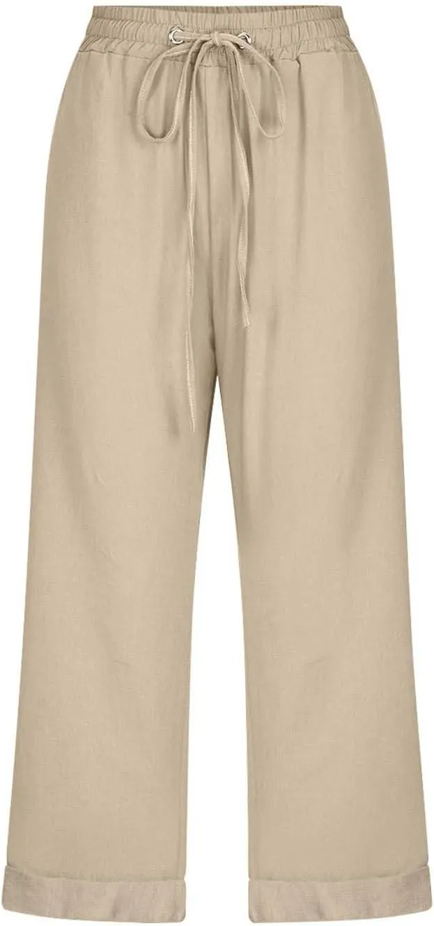 Women 3/4 Length Cotton Linen Pants Trendy Hiking Jogger Athletic Sweatpants High Waisted Straight Leg Casual Trouser