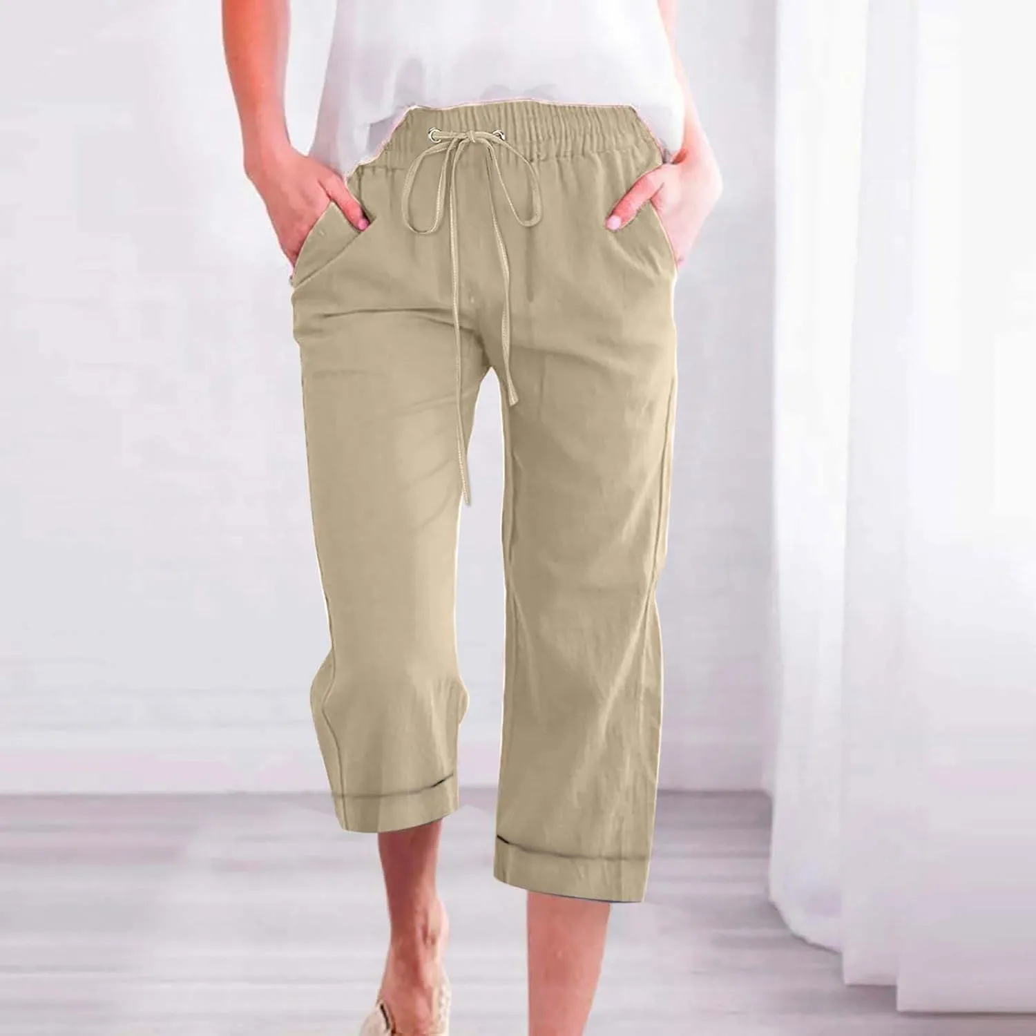 Women 3/4 Length Cotton Linen Pants Trendy Hiking Jogger Athletic Sweatpants High Waisted Straight Leg Casual Trouser