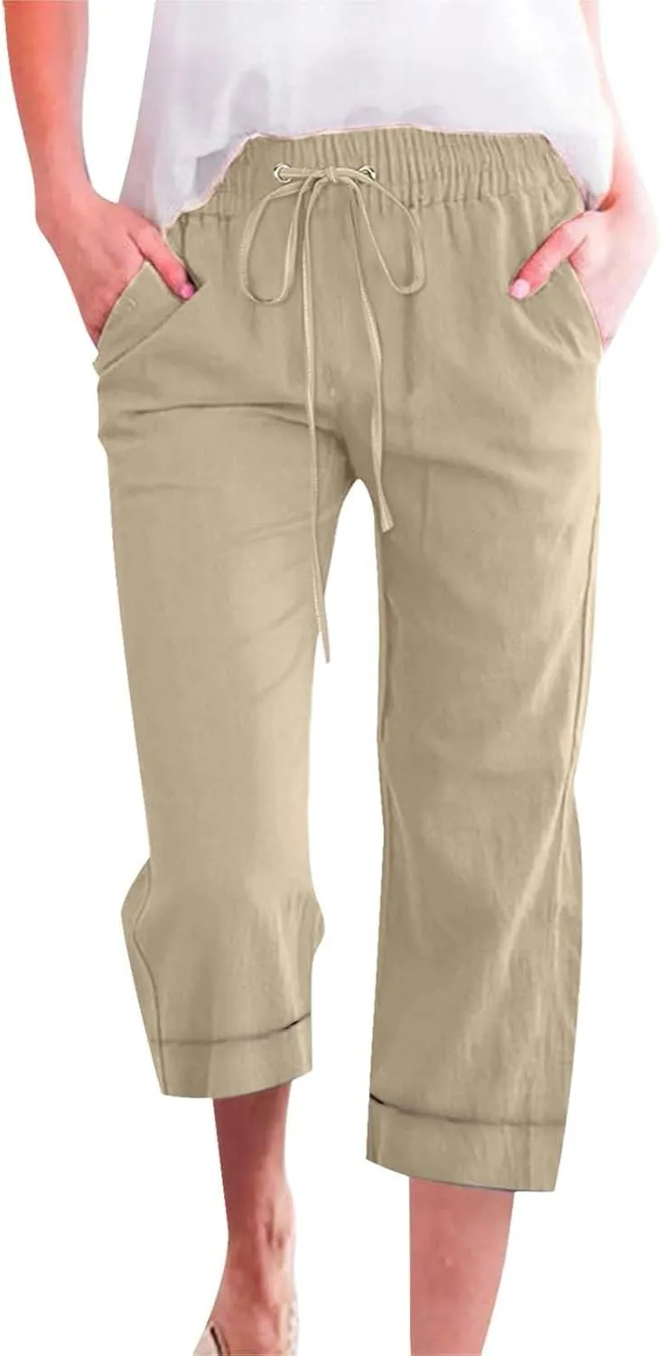Women 3/4 Length Cotton Linen Pants Trendy Hiking Jogger Athletic Sweatpants High Waisted Straight Leg Casual Trouser