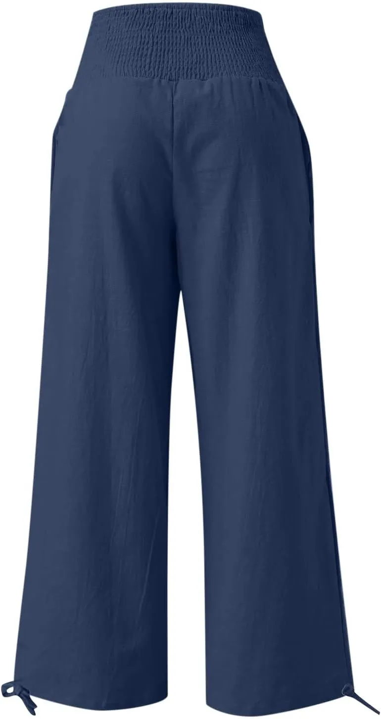 Women Cotton Linen Palazzo Pants Flowy Wide Leg Pants with Pockets Capris Pants Full Length Trousers Baggy Slacks